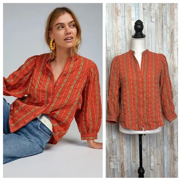 Anthropologie XS Pilcro The Bella Femme Buttondown Shirt Top Embroidered Orange - Picture 1 of 11